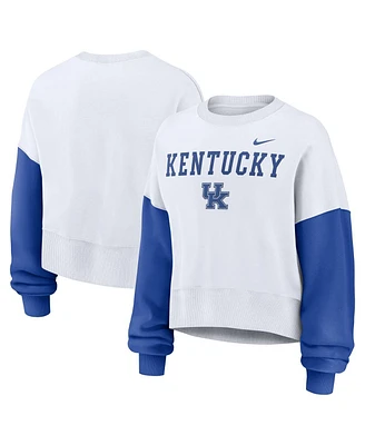 Nike Women's White Kentucky Wildcats Color-Block Oversized Cropped Pullover Sweatshirt