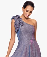 Xscape Petite One-Shoulder Ruffled Glitter Gown