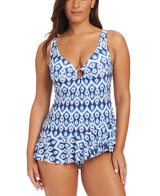 Beyond Control Women's Fine Ikat Ring Ruffle Swim Dress