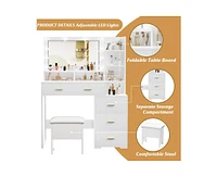 gaomon Vanity Desk, Makeup Vanity Table with Mirror & 9 Led Light Bulbs, 4 Large Drawers and 3 Tiers of Open Shelves for Bedroom