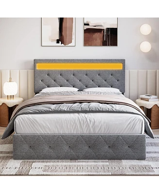 gaomon Platform Bed with Usb Port and Led Light Headboard Wood Slat Support Bed Frame