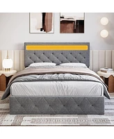 gaomon Platform Bed with Usb Port and Led Light Headboard Wood Slat Support Bed Frame