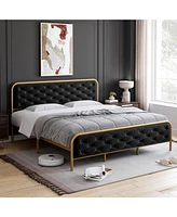 gaomon King Bed Frame with Button Velvet Headboard