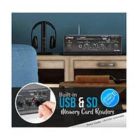 Pyle Bluetooth Mini Audio Amplifier - Compact Desktop Stereo Receiver with Usb/Sd/Fm/Bluetooth, Pager & Mixer Karaoke Mode, Mic Input (40W x 2)