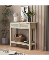 Boyel Living Boho Style Console Table with 2 Rattan Drawer and Bottom Storage Shelf for Entryway, Minimalist Side Table with Rattan Storage Drawer and