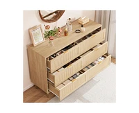 gaomon Rattan 6 Drawer Dresser, Farmhouse Wooden Chest of Drawers with 5 Metal Legs, Golden Handles, Wide Double Drawer Dresser for Bedroom