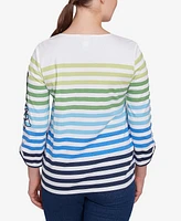 Ruby Rd. Petite Striped Embellished Three Quarter Sleeve Top