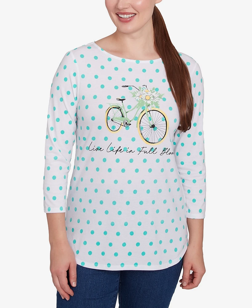 Ruby Rd. Petite Bicycle Bloom Polka Dot Three Quarter Sleeve T-Shirt