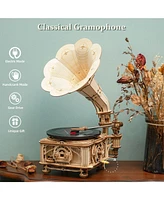 Robotime 3D Wooden Puzzle Automatic Gramophone Model Kits Electric Mode Self-Assembly Record Player, Beige, 8.89"10.20"16.88"