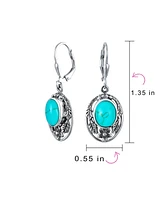 Bling Jewelry Oval Flower Leaf Carved Blue Synthetic Lapis Lazuli Lever back Earrings Oxidized Sterling Silver