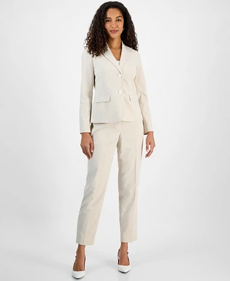 Le Suit Women's Seersucker Two-Button Notch-Collar & Mid-Rise Slim Pants