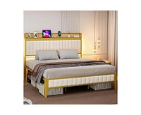 gaomon Queen Bed Frame with Charging Station, Led Bed Frame with Storage Headboard, Upholstered Platform Bed Frame, No Box Spring Needed