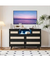 gaomon Natural Rattan Dresser for Bedroom with Led light and Charging Station