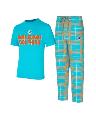 Concepts Sport Men's Aqua/orange Miami Dolphins Vector T-Shirt Flannel Pants Sleep Set