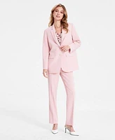 Bar Iii Womens Two Button Blazer Printed Satin V Neck Blouse Straight Leg Pants Exclusively At Macys