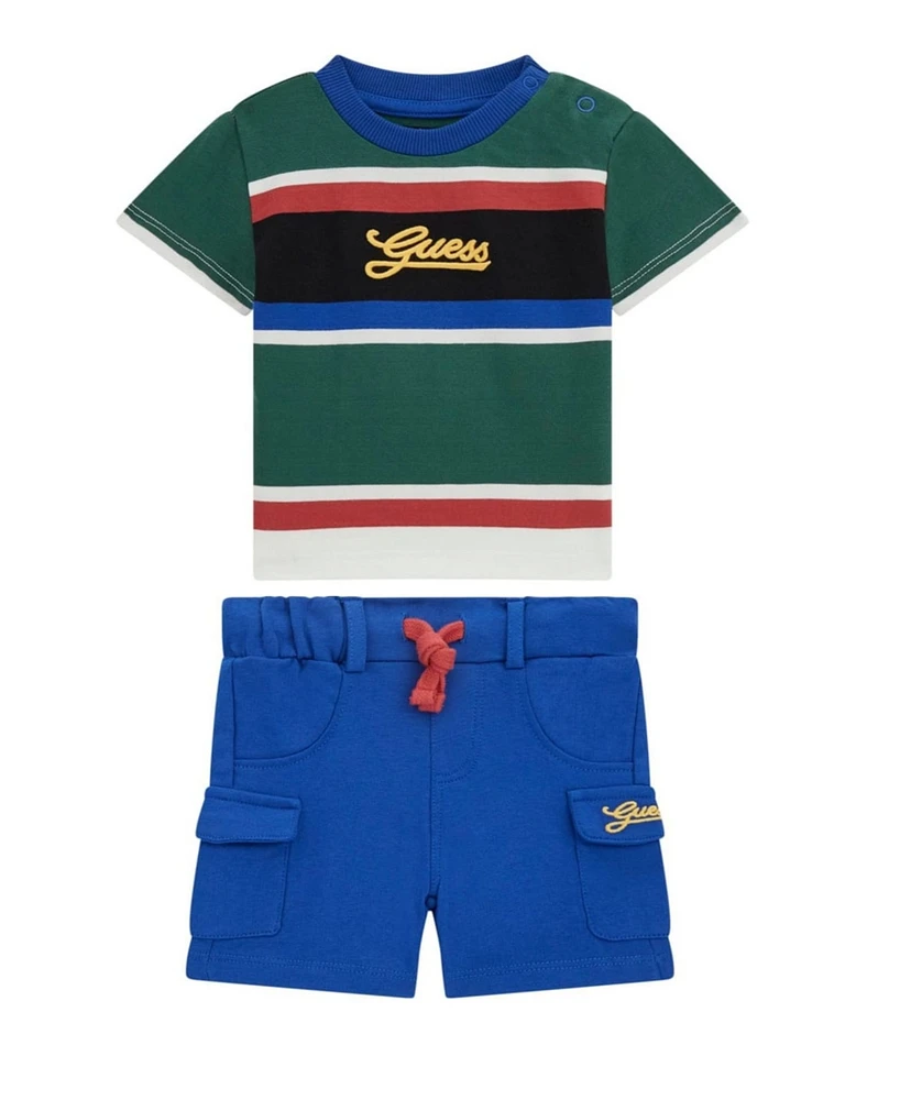 Guess Baby Boys Yarn Dye Short Sleeve T-Shirt and Active Shorts, 2-Piece Set