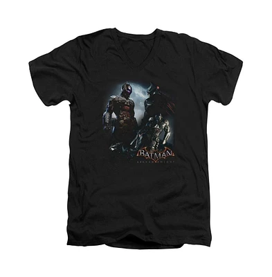 Batman Men's Arkham Knight Face Off Short Sleeve Adult V Neck Premium Cotton Tee / T-Shirt