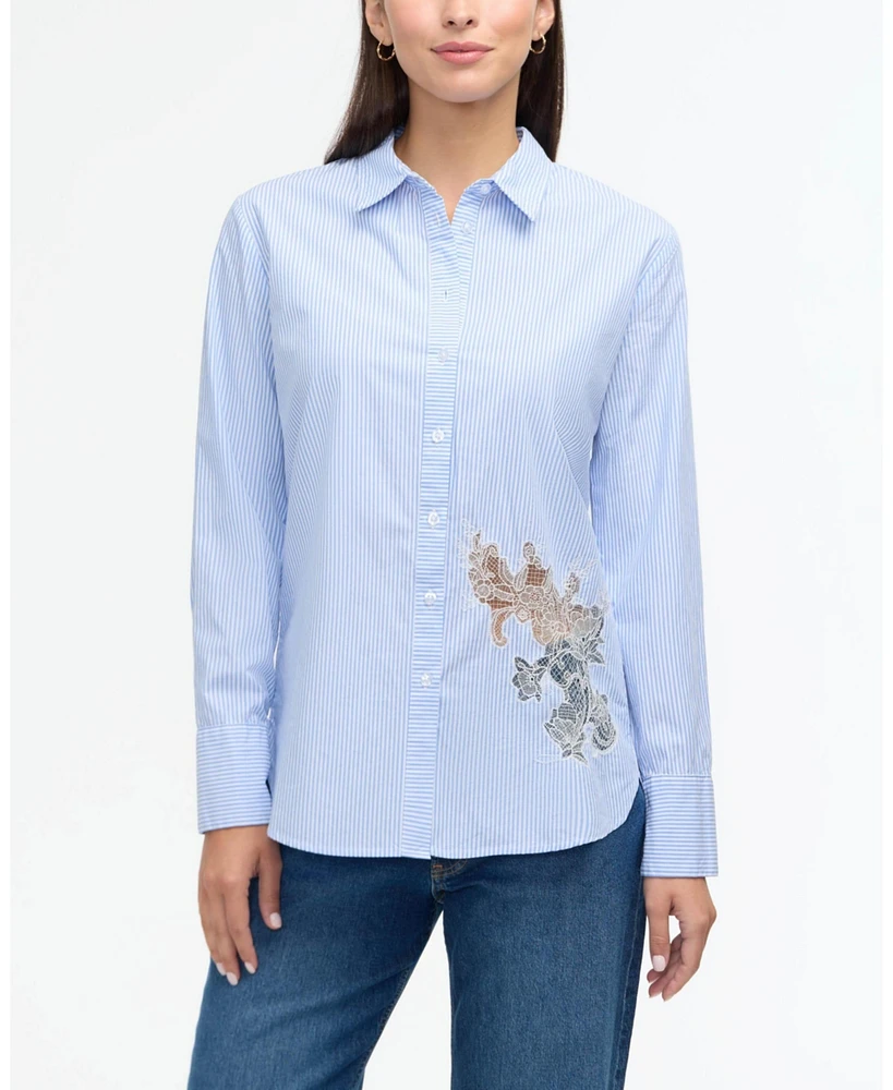 Ellen Tracy Women's Poplin Shirt with Lace Cutout