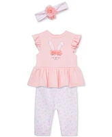 Little Me Baby Girls Cotton Bunny Skirted Bodysuit, Leggings & Headband, 3 Piece Set