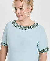 Jm Collection Plus Border-Print Short-Sleeve Shift Dress, Exclusively at Macy's