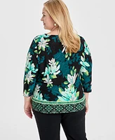 Jm Collection Plus Jacquard Printed 3/4-Sleeve Top