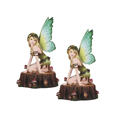 Fc Design "2-pc Set" 10"H Green Earth Fairy Sitting on Tree Trunk with Mushroom Figurine Statue Ornament Home Room Office Decor and Perfect Ideas for