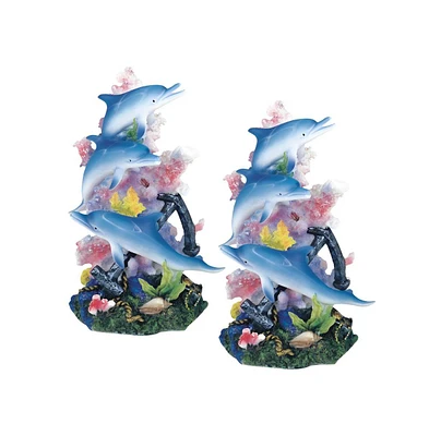 Fc Design "2-pc Set" 9"H Blue Dolphins Swimming Around Pink Coral Figurine Statue Ornament Home Room Office Decor and Perfect Ideas for Housewarming,