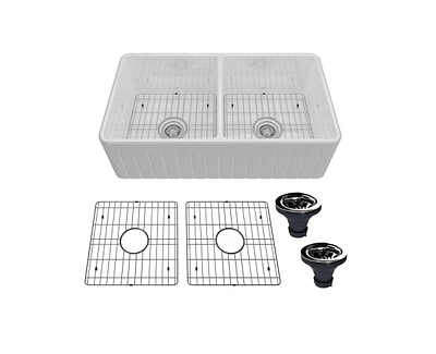 Casainc 33inch L x 18inch W Double Bowl Fireclay Farmhouse Kitchen Sink with Sink Grid