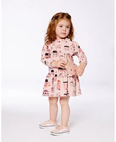 Deux par Baby Girls Printed French Terry Dress Pink And Coral Houses