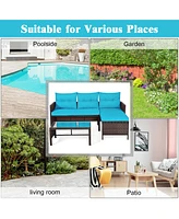 Gymax 3PCS Outdoor Rattan Furniture Set Patio Couch Sofa Set w/ Turquoise Cushion