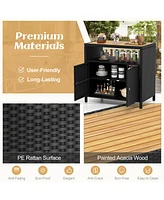 Gouun Rattan Storage Cabinet with Acacia Wood Countertop for Poolside Deck and Patio