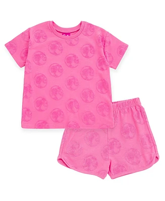 Barbie Toddler Girls French Terry Drop Shoulder T-Shirt and Dolphin Shorts Outfit Set