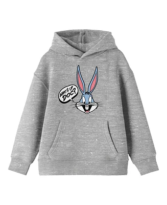 Looney Tunes Boys Bugs Bunny Speech Bubble What's Up, Doc? Youth Heather Gray Graphic Hoodie-Large