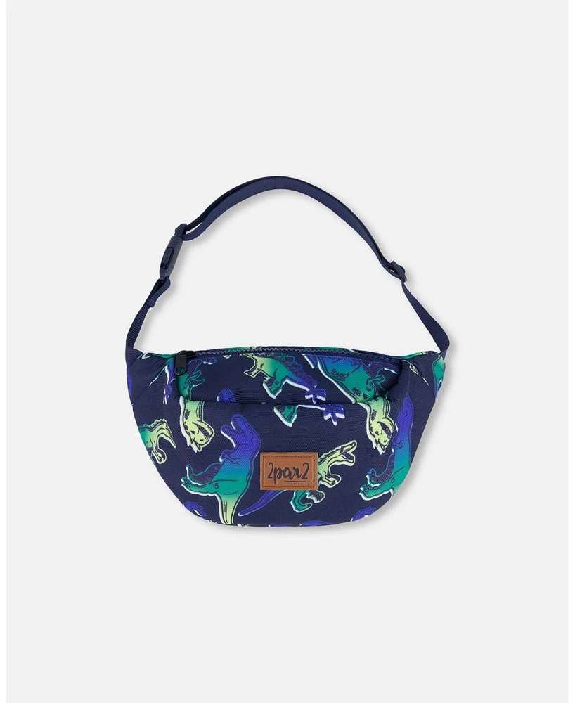 Deux par Deux Boy Printed Fanny Pack Blue And Green Dino On Navy - Toddler|Child