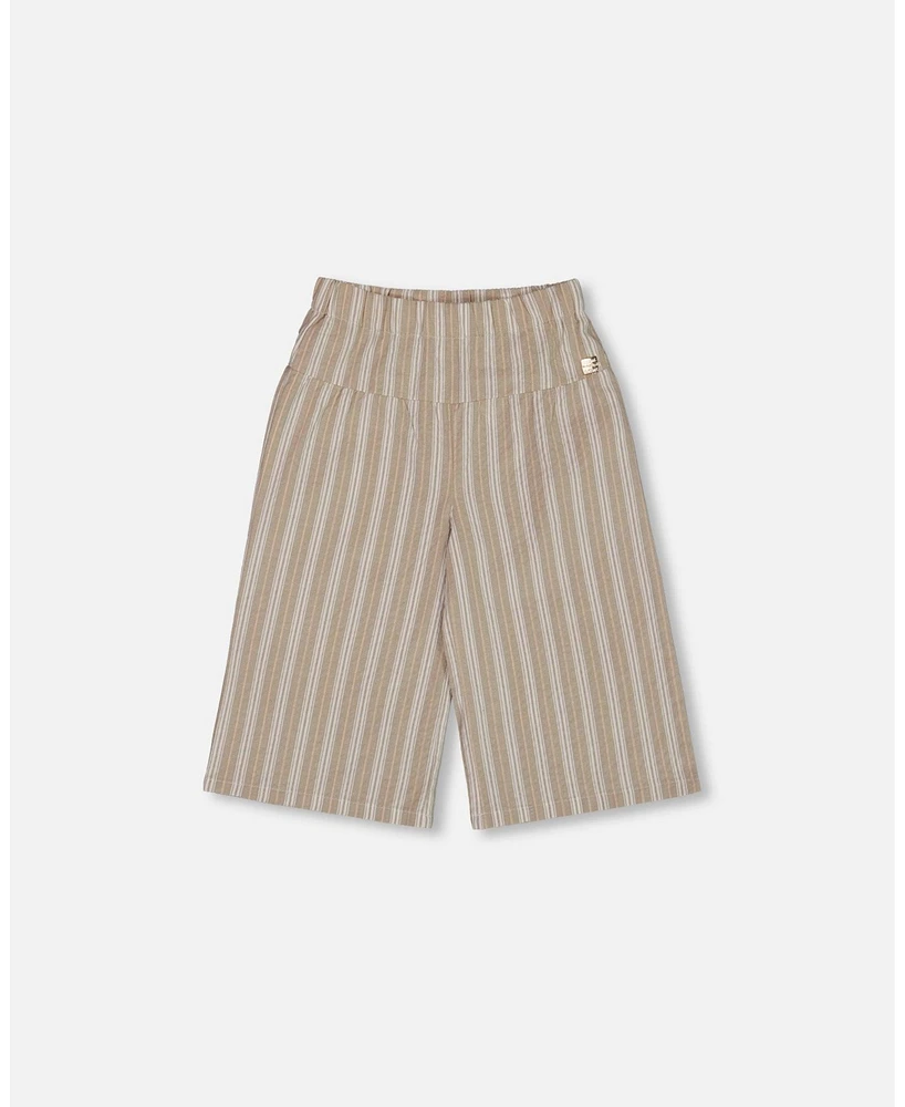 Deux par Toddler Girls Wide Leg Capri Linen Pant White And Sage Striped - Toddler|Child