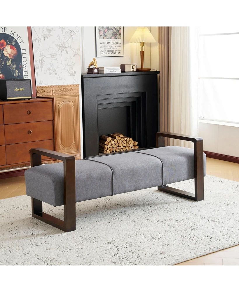 The Pop Home Sleek Long Ottoman Bench, Gray Linen Upholstery with Wooden Legs-The Pop Home