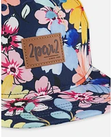 Deux par Deux Baby Girls Printed Cap Navy And Yellow And Pink Flowers