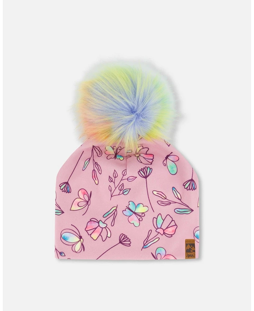 Deux par Girl Printed Jersey Detachable Pompom Hat Lilac And Multicolored Butterfly - Toddler|Child