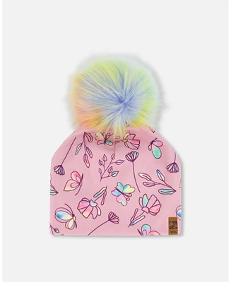 Deux par Girl Printed Jersey Detachable Pompom Hat Lilac And Multicolored Butterfly - Toddler|Child