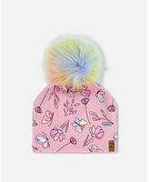 Deux par Girl Printed Jersey Detachable Pompom Hat Lilac And Multicolored Butterfly - Toddler|Child