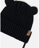 Deux par Baby Unisex Knit Hat With Strings Black - Infant