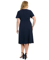 London Times Plus Tie-Neck Fit & Flare Dress