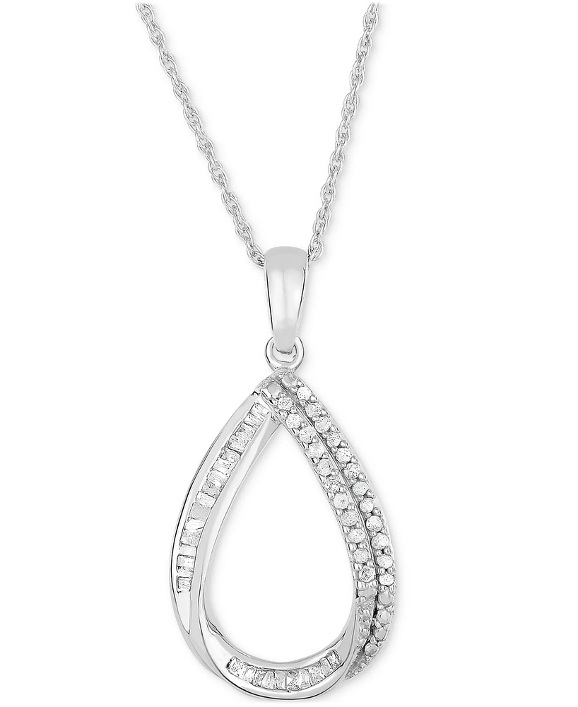 Diamond Round & Baguette Open Teardrop 18" Pendant Necklace (1/4 ct. t.w.) in Sterling Silver