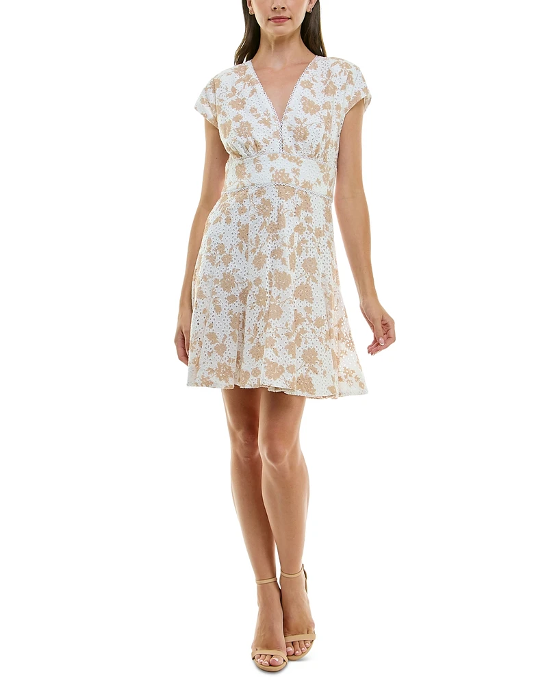 Taylor Women's Printed Cotton Eyelet V-Neck Dress