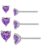 Amethyst (1-3/8 ct. t.w.) Graduated Heart 3-Pc. Set Stud Earrings in Sterling Silver