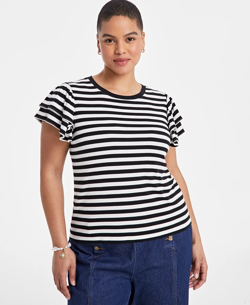 On 34th Trendy Plus Flutter-Sleeve Ribbed-Knit Top, Exclusively at Macy's