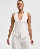 And Now This Women's Striped Sleeveless Double-Button Vest, Exclusively at Macy's