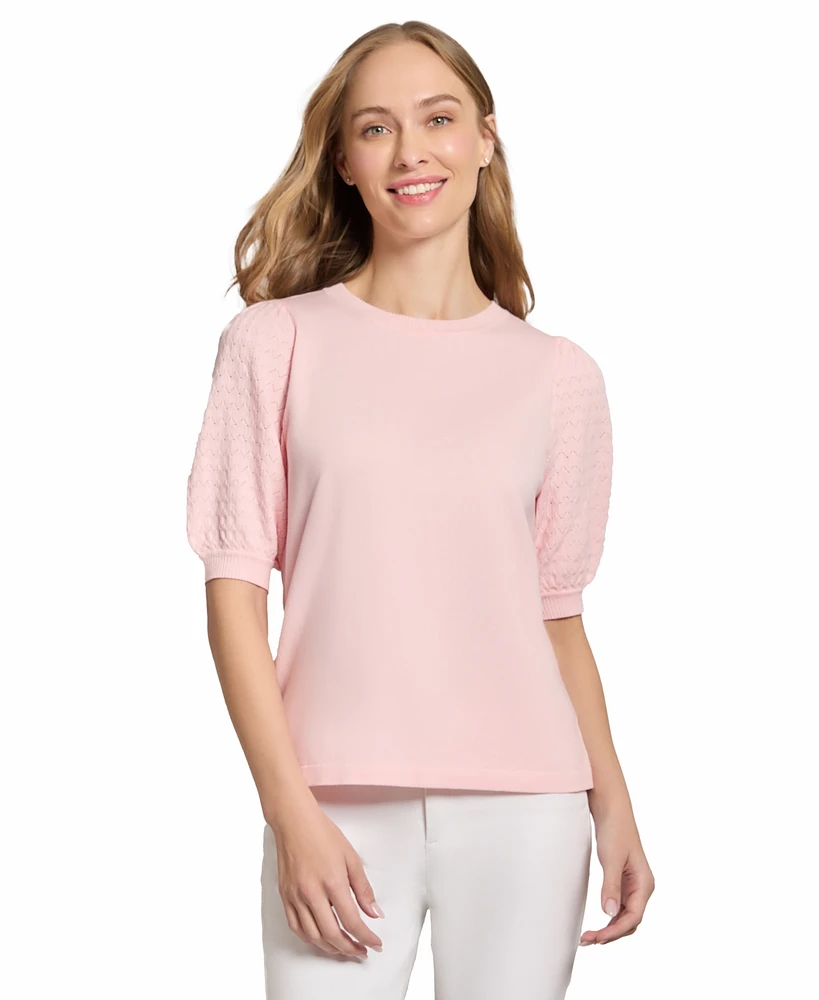 Jones New York Women's Stitch Puff Sleeve Crewneck Sweater