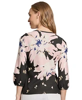 Jones New York Women's Pleat-Neck 3/4-Sleeve Floral-Print Top