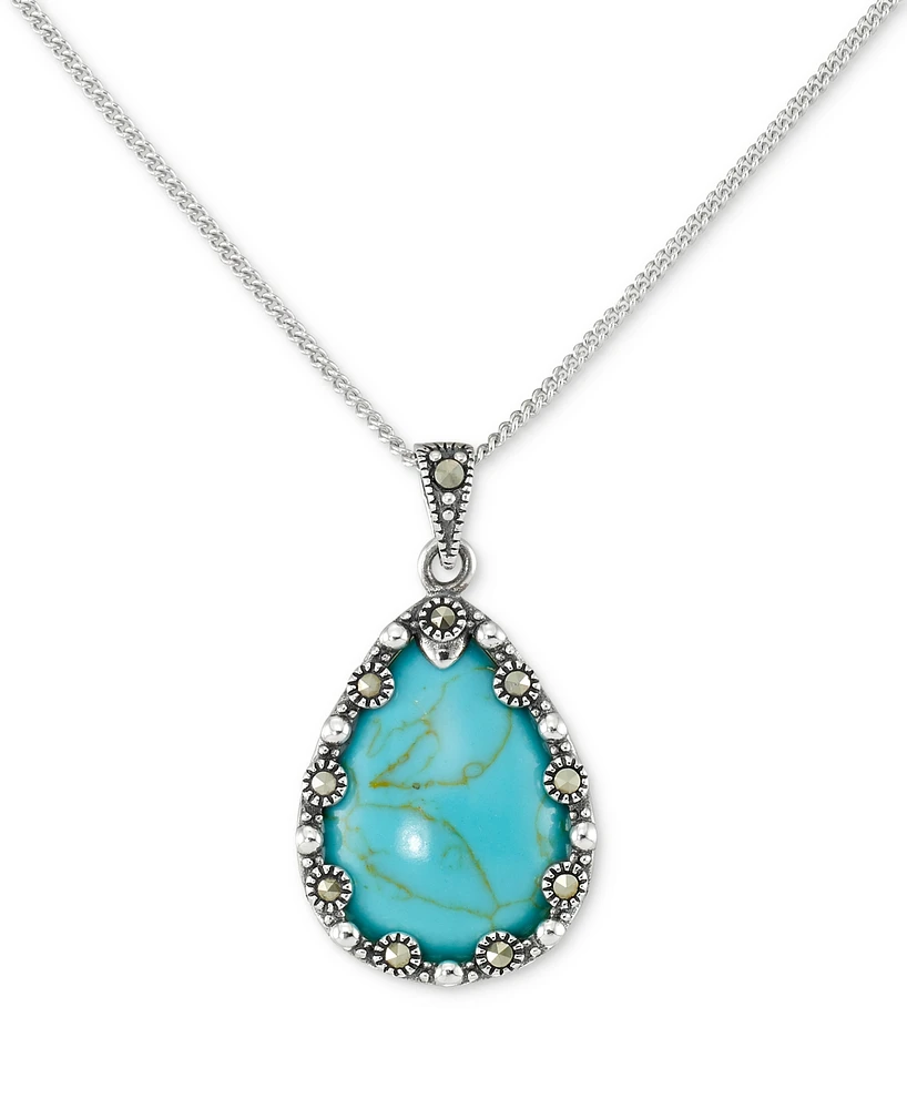 Marcasite & Synthetic Turquoise 18" Pendant Necklace in Sterling Silver